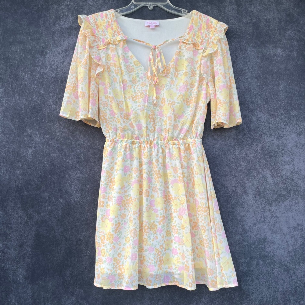 Pink Lily Floral V-Neck Ruffle Mini Dress Small Cottagecore Coquette Fairycore